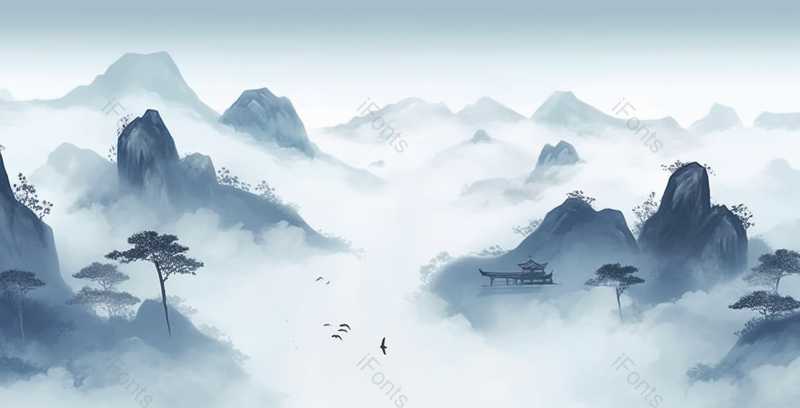国潮蓝色水墨意境山水画,插画/手绘图,插画/手绘图库,插画/手绘图下载,插画/手绘